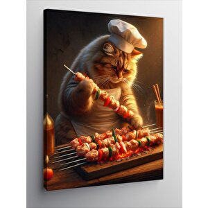 Kanvas Tablo Kebap Yapan Şef Kedi 100x140 cm