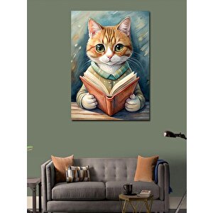 Kanvas Tablo Kitap Okuyan Sarı Kedi 100x140 cm