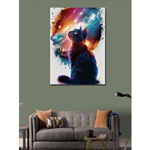 Kanvas Tablo Siyah Kedi Ve Gezegenler 100x140 cm