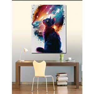 Kanvas Tablo Siyah Kedi Ve Gezegenler 100x140 cm