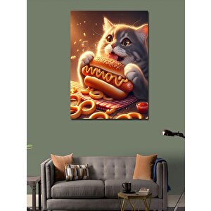 Kanvas Tablo Hotdog Yiyen Kedi 100x140 cm