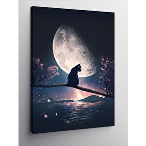 Kanvas Tablo Dalın Üstündeki Siyah Kedi Ve Ay 70x100 cm