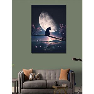 Kanvas Tablo Dalın Üstündeki Siyah Kedi Ve Ay 70x100 cm