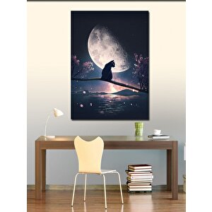 Kanvas Tablo Dalın Üstündeki Siyah Kedi Ve Ay 70x100 cm