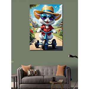 Kanvas Tablo Kırmızı Gömlekli Kedi Bisiklette 100x140 cm