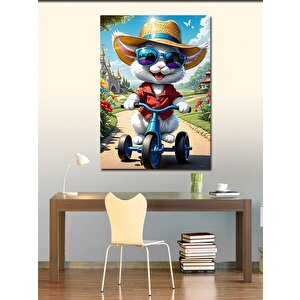 Kanvas Tablo Kırmızı Gömlekli Kedi Bisiklette 100x140 cm