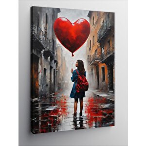 Kanvas Tablo Kırmızı Kalp Şeklinde Uçan Balonlu Kız 50x70 cm