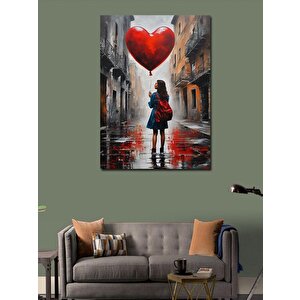 Kanvas Tablo Kırmızı Kalp Şeklinde Uçan Balonlu Kız 50x70 cm