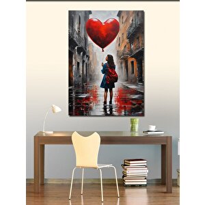 Kanvas Tablo Kırmızı Kalp Şeklinde Uçan Balonlu Kız 50x70 cm