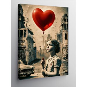 Kanvas Tablo Kırmızı Kalp Şeklinde Uçan Balon 50x70 cm