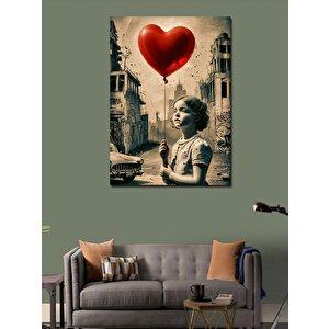 Kanvas Tablo Kırmızı Kalp Şeklinde Uçan Balon 50x70 cm
