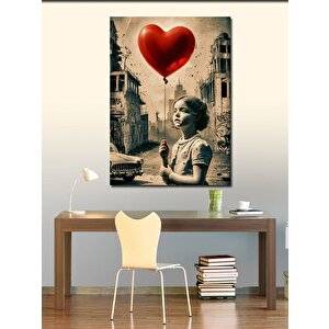 Kanvas Tablo Kırmızı Kalp Şeklinde Uçan Balon 50x70 cm