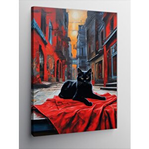 Kanvas Tablo Siyah Kedi Kırmızı Kumaş 100x140 cm