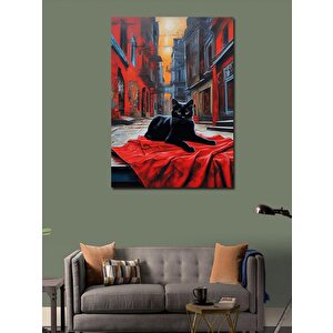Kanvas Tablo Siyah Kedi Kırmızı Kumaş 100x140 cm