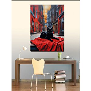 Kanvas Tablo Siyah Kedi Kırmızı Kumaş 100x140 cm