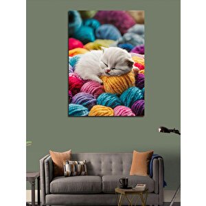 Kanvas Tablo Renkli Yünlerde Uyuyan Kedi 70x100 cm