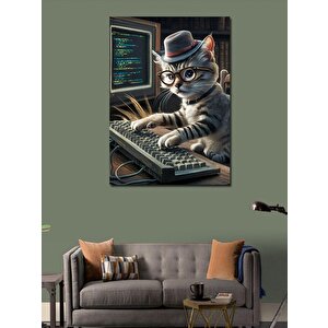 Kanvas Tablo Bilgisayar Kullanan Kedi 70x100 cm