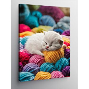Kanvas Tablo Renkli Yünlerde Uyuyan Kedi 100x140 cm