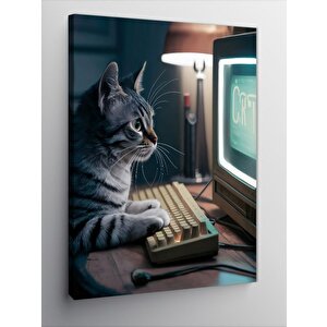 Kanvas Tablo Bilgisayar Kullanan Kedi 70x100 cm