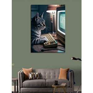 Kanvas Tablo Bilgisayar Kullanan Kedi 70x100 cm