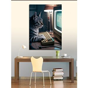 Kanvas Tablo Bilgisayar Kullanan Kedi 70x100 cm