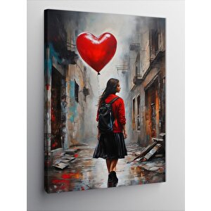 Kanvas Tablo Kalp Şeklinde Balonlu Kız 100x140 cm