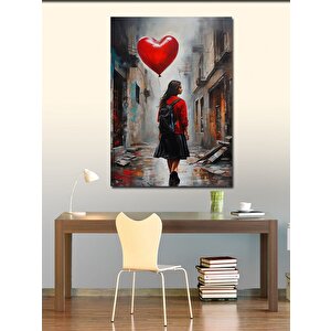 Kanvas Tablo Kalp Şeklinde Balonlu Kız 100x140 cm