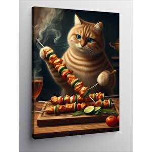 Kanvas Tablo Şiş Kebap Yapan Kedi 50x70 cm