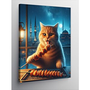 Kanvas Tablo Şiş Kebap Yapan Kedi 50x70 cm