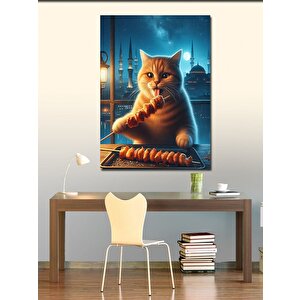 Kanvas Tablo Şiş Kebap Yapan Kedi 50x70 cm