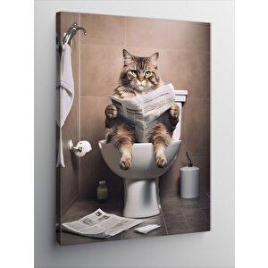 Kanvas Tablo Tuvalette Gazete Okuyan Kedi 100x140 cm