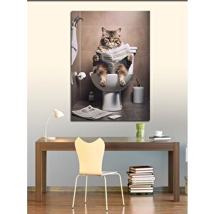 Kanvas Tablo Tuvalette Gazete Okuyan Kedi 100x140 cm