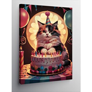 Kanvas Tablo Yaş Gününü Kutlayan Kedi 100x140 cm