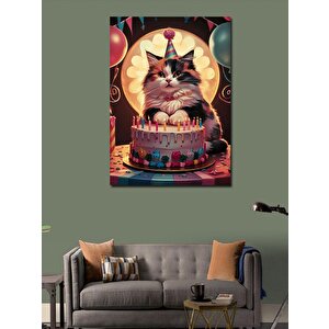 Kanvas Tablo Yaş Gününü Kutlayan Kedi 100x140 cm