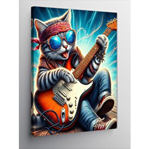 Kanvas Tablo Elektro Gitar Çalan Metalci Kedi 70x100 cm