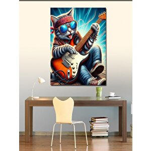 Kanvas Tablo Elektro Gitar Çalan Metalci Kedi 70x100 cm