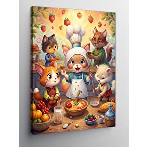 Kanvas Tablo Kedi Ailesi Mutfakta Yemek 70x100 cm