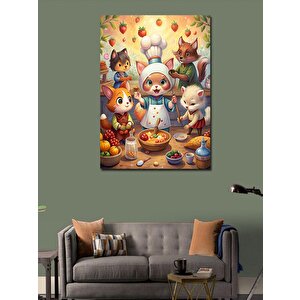 Kanvas Tablo Kedi Ailesi Mutfakta Yemek 70x100 cm