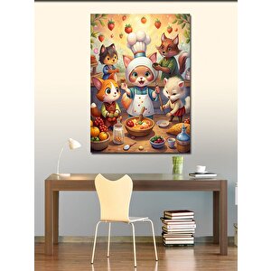 Kanvas Tablo Kedi Ailesi Mutfakta Yemek 70x100 cm