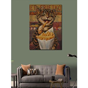 Kanvas Tablo Patates Cipsi Yiyen Kedi 100x140 cm