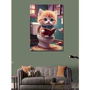 Kanvas Tablo Gazete Okuyan Tuvaletteki Kedi 50x70 cm