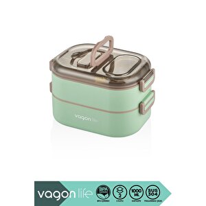 Vagonlife Bento 1000ml Lunchbox Yeni Koleksiyon Çift Katlı 3 Bölmeli Çelik Sefer Tası Yemek Kutusu Yeşil