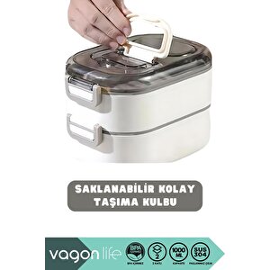 Vagonlife Bento 1000ml Lunchbox Yeni Koleksiyon Çift Katlı 3 Bölmeli Çelik Sefer Tası Yemek Kutusu Yeşil