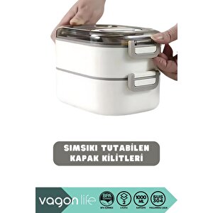 Vagonlife Bento 1000ml Lunchbox Yeni Koleksiyon Çift Katlı 3 Bölmeli Çelik Sefer Tası Yemek Kutusu Yeşil