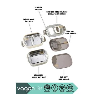 Vagonlife Bento 1000ml Lunchbox Yeni Koleksiyon Çift Katlı 3 Bölmeli Çelik Sefer Tası Yemek Kutusu Yeşil