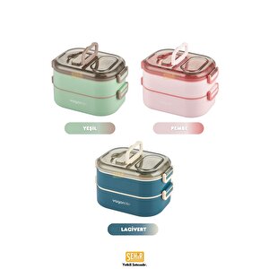 Vagonlife Bento 1000ml Lunchbox Yeni Koleksiyon Çift Katlı 3 Bölmeli Çelik Sefer Tası Yemek Kutusu Yeşil