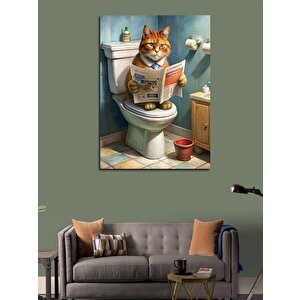 Kanvas Tablo Tuvalette Gazete Okuyan Kedi 100x140 cm