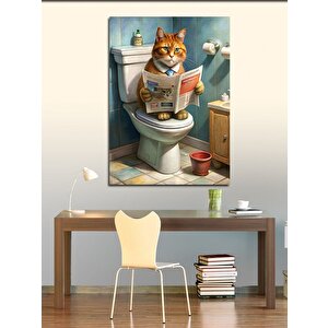 Kanvas Tablo Tuvalette Gazete Okuyan Kedi 100x140 cm