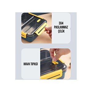 950ml Yeni Koleksiyon Tek Katlı 3 Bölmeli Çelik Sefer Tası Yemek Kutusu Lacivert-sarı
