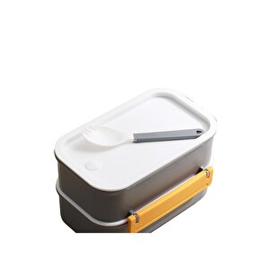 Bento 1600ml Lunchbox Yeni Koleksiyon 2 Katlı 4 Bölmeli Çelik Sefer Tası Yemek Kutusu Gri